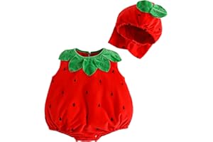 YYDSTYLE Baby Boy Girl Strawberry Costume Set, Fleece Leaf Trim Sleeveless Strawberry Romper Hat Halloween Cosplay Clothes