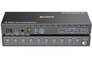 10 Port 8 Port KVM Switch HDMI 4K@60Hz EDID Analogowy, MLEEDA HDMI KVM Switch 10 PC Udostępnianie 1 Monitora i 4 Portów USB 3.0, RS232, Audio, Zasilanie 12V, Przewodowe Zdalne Sterowanie, 10 Kabli USB