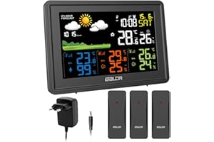 Station Météo avec 3 Capteurs sans fil intérieur extérieur affichage de la température et de l'humidité avec affichage couleur DCF radio-réveil réveil météo pour salon, abri de jardin (noir)