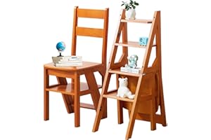 RIBANEDY Silla Escalera Plegable 3 en 1 de Madera Sólida, Taburete Escalonado Convertible y Estante de Exhibición, Escalera Multifuncional de 4 Niveles, para el Hogar, Cocina, Biblioteca (Marrón)