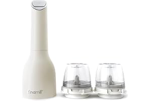 FinaMill Juego de molinillo de sal y pimienta que funciona con pilas, ajustable, luz LED, molienda de cerámica, 2 cápsulas ProPlus de cambio rápido