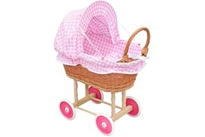 FORYOURPROTECTION Puppenwagen aus Weide Holz Weidenwagen Kinderwagen Weidenpuppenwagen Verschieden Motive (Hell ROSA | Kariert)