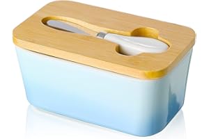 Beurrier en Porcelaine, Candiicap Boîte à Beurre avec Couvercle et Couteau à Beurre, Conteneur de Beurre avec Bague d'Étanchéité en Silicone pour Tous les Types de Beurre (Bleu Ciel)