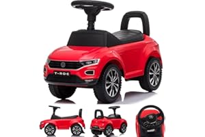 sun baby Rutschauto ab 1 Jahr lizenziert Volkswagen T-ROC, Kinderfahrzeug für Jungen und Mädchen mit Handschuhfach, Chromfelgen, Hupe und Melodien (Rot)