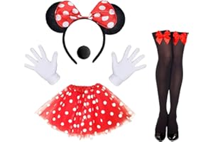 Ansamy Damen Maus Mouse Kostüm, rote Tutu mit weiß Gepunktet, Haarreifen mit schwarz Ohren und rote Schleife, Cosply Kostüm Accessoire für Halloween Motto Party