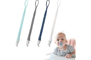 ROONTIN 4PCS Dummy Clip - BPA Free Pacifiers Holders Cotton Teether Soother Chain Braided Pacifier Clips for Baby Boys Girls