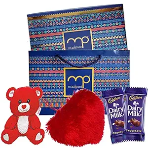 Maalpani Valentine Chocolate Gift | Teddy bear | Heart shape Cushion With Dairy Milk Chocolate Basket Pack - Valentine Day Gift for Girls Boys Boyfriend Girlfriend Husband Wife Love, Chocolate Hamper