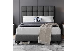 Yaheetech Letto Imbottito 140 x 200 cm con Testiera Quadrata Altezza Regolabile Doghe in Legno Grigio Scuro
