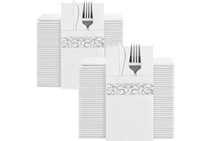 YIDUHAO Disposable Linen Feel Napkins, Built-in Flatware Pocket, Decorative Wedding Napkins with Silver Stripe Print, Folded Party Napkin, Soft, Strong, Absorbent, and Pre-Folded, Pack of 100