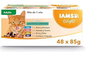 IAMS Delights Land & Sea Collection Alimento húmedo en gelentina - para gatos adultos con diversos sabores a carne y pescado, 48 x 85g