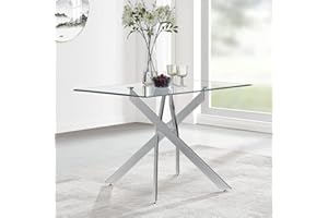 GOLDFAN Tempered Glass Dining Table Modern Chrome Square Dining Table Kitchen Table Home Office Lounge Table,120CM*70cm(Table Only)