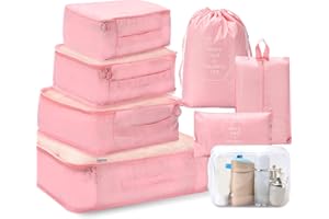 8 Packwürfel, WantGor 6 Reise-Organizer-Gepäckkompressionstaschen mit 1 Schuhtasche und 1 durchsichtiger Kulturtasche (Pink)