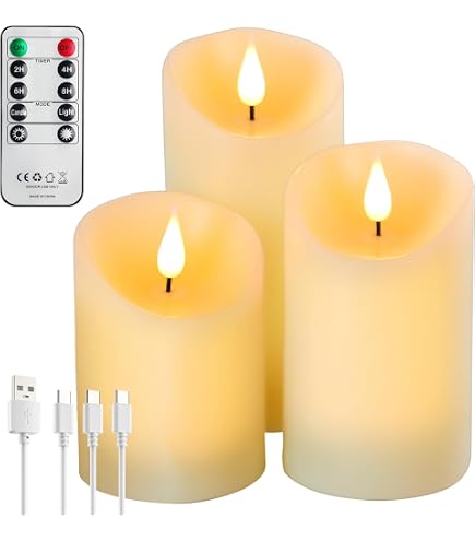 LED RGB Flammenlose Kerzen – 3er Set, Mehrfarbig/warmweiß, Mit Fernbedienung & Timer, USB Aufladbar, Echtwachs, 10