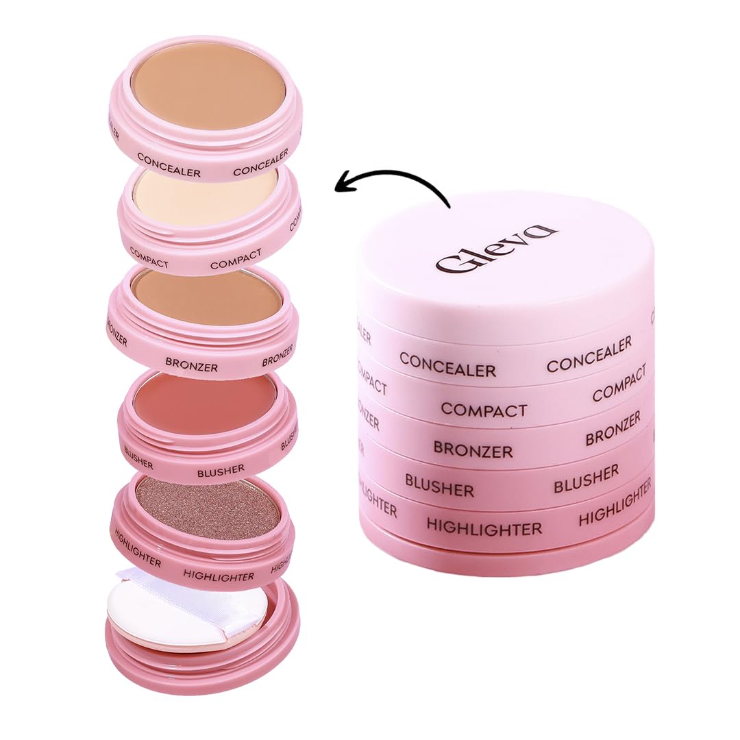 Gleva 5 In 1 Makeup stack WIth Concealer, Bronzer, Blusher, Compact & Highlighter Smooth & Blendable Formula - Travel Friendl