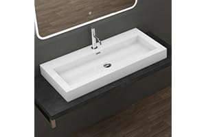 doporro Lavabo da Appoggio Rettangolare, Lavabo Bagno Sospeso con Foro Rubinetto e Troppopieno in Marmo Resina Bianco Lucido, Lavandino Bagno 100x48x10cm Colossum18
