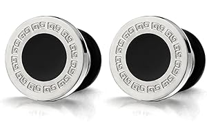 COOLSTEELANDBEYOND Modelo Dominante Griego Círculo Pendientes para Hombres, Acero Inoxidable con Esmalte, 2 Piezas