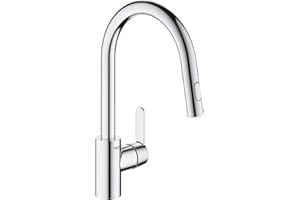 GROHE Robinet de cuisine évier Get, Robinet avec douchette extractible, Bec en forme de U, Inverseur 2 jets, Installation et nettoyage facile, Supersteel, 31484001 (Import Allemagne)