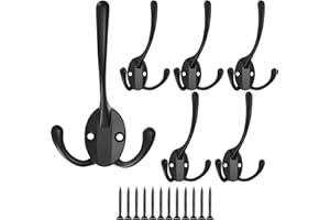 XKQYX 6 Piezas Ganchos Percheros Percha, Tres Ganchos Percheros de Pared para Abrigos con Tornillos para Colgar Abrigo, Sombrero, Toalla, Bufanda, Bolso, Llave, Gorra - Negro