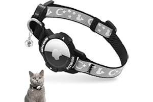 VEYALISE Reflective Airtag Cat Collar with Safety Lock and Bell, Adjustable Cat Collar with Apple Airtag Case (Black, Kitten 18-26 cm)