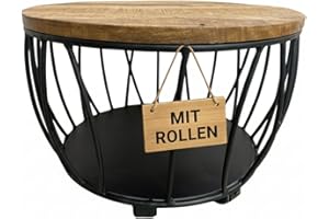 ‎MR. DEKO MR. DEKO Couchtisch rund Talsano Ø57x40 cm Mango Natur | Massiver Wohnzimmertisch Holz | Beistelltisch mit Ablagefach | Robustes Mangoholz Gestell | Kleiner Sofatisch Industrial Design |
