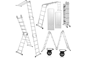 Randaco Scala multiuso 7 in 1, 470 cm, 4 x 4, in alluminio, pieghevole, con 2 piattaforme e ruote, 16 pioli, carico massimo 150 kg, scala snodabile