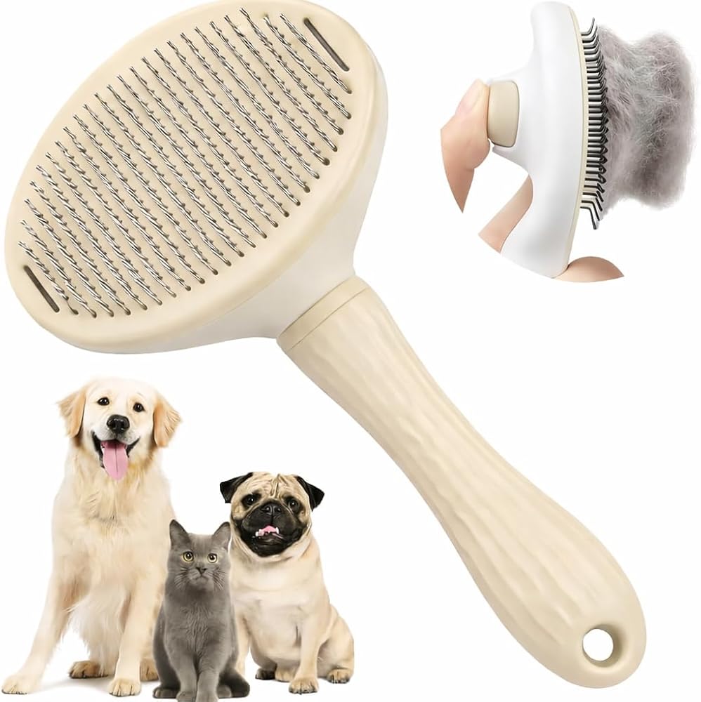MADPET Krem Basmalı Kedi ve Köpek Tarağı – Otomatik Temizlenen Pet Fırçası – Paslanmaz Çelik İğneli – Ergonomik Saplı – Tüy Toplama ve Bakım İçin Pratik Tarak