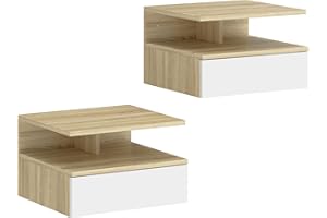 HOMCOM Juego de 2 Mesitas de Noche Flotantes, Mesillas de Noche Dormitorio con Cajón, Estante Abierto, Ahorra Espacio, Diseño Moderno, para Sala de Estar, 35x32x22,5 cm, Roble y Blanco