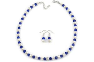 Avalaya Sapphire Blue Glass Bead, White Glass Faux Pearl Neckalce & Drop Earrings Set with Silver Tone Clasp - 40cm L/ 4cm Ext
