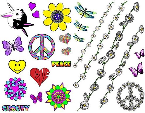 25 Hippy 60's 70's Flower Power Daisy Chain Fancy Dress Temporary Tattoos Party,Peace,Hearts, Funky Festival, Buttefly, Dragonfly, Costume/Outfit Accessories