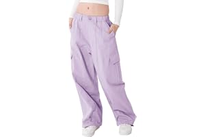Rolanko Pantalon Cargo pour Filles, Pantalon Baggy en Coton à Taille Elastiquée avec Plusieurs Poches pour Les Enfants de 6 à 15 Ans