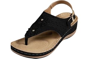 YOLIMOK Orthopedic Sandals Women, Wedge Sandals for Women UK Summer Ladies Leather Sandal, Orthotic Arch Support Flip Flops Womens Slippers, Wide Fit Open Toe Buckle Ankle Strap Platform Wedge Sandals