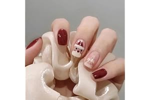 TMUT 24pcs Christmas False Nails Short, Christmas Stick on Nails Burgundy Press on Nails White Snowman Pattern Removable Fake Nails, Christmas Nail Art Accessories Gifts for Women Girls