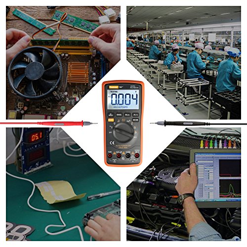 Thsinde Digital Multimeter mit Automatischer Bereichswahl (Auto-Ranging), hintergrundbeleuchtetem LC-Display (6000 Counts), mit Messleitungen und Krokoklemmen. Zur Gleich- und Wechselspannungsmessung mit Spannungswarnung, Strom-, Widerstands- und Diodenmessung, Durchgangsprüfung und Frequenzmessung. Äußerst praktisch für alles rund um’s Haus, für Elektronik- und Heimwerkeranwendungen. - 8