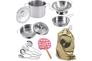 GOLCUGYJH Edelstahl Pretending Cooking Utensils Kochgeschirr Set, Mini Play Kitchen Zubehör, Spielen Töpfe und Pfannen Spielzeug in einem goldenen Stoffbeutel für Kinder Kleinkinder verpackt
