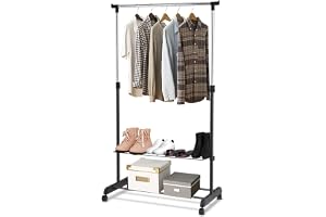COSTWAY Klädställ höjdjusterbar, garderobsställ på hjul, klädstång med 2 hyllor, stabil rullgarderob, garderob, 84 x 42 x 92–168 cm