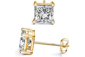 EMMA MANOR EM Boucles D'oreilles à Tige Carrées en Argent Sterling 925 Avec Oxyde de Zirconium Taille Princesse Pour Femmes, Hommes et Filles Avec Plaqué or 18 carats