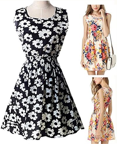 PRIAMS 7 Women's Summer Round Neck Sleeveless Floral Casual Mini Dress (S, 1)