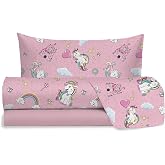 hermet Jolly Unicorn Single Bed Sheet Set, 100% Cotton, Flat Sheet + Fitted Sheet + Pillowcase, Pink