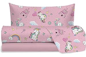 hermet Jolly, Set Lenzuola Letto Singolo Unicorno, 100% Cotone, Lenzuolo Sopra + Lenzuolo con Angoli + Federa, Completo Letto Rosa Cameretta