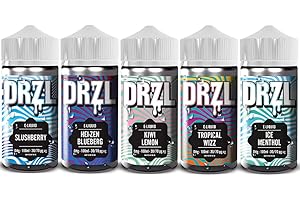 DRZL Vape Liquid, 5 x 100ml Vape Juice For Vape Kits, Vape Gifts Sub Ohm, Ecig, E Cigarette, No Nicotine, Shortfill, Kiwi Lemon+Ice Menthol+Tropical Wizz+Hi-Zen Blueberg+Slushberry Premium Flavour E Liquid
