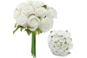 Shiiyyu 12 Pieces Roses Artificial Flowers,20" Single Long Stem Fake Rose Silk Flowers,Fake Floral Bouquets,White Artificial Flower for Wedding Anniversary Party Birthday Home Garden Decoration