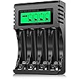 POWEROWL 4-slot AA AAA Battery Charger with LCD Display (USB Quick Charging, Independent Slot) for Ni-MH Ni-CD Rechargeable Batteries (Black)