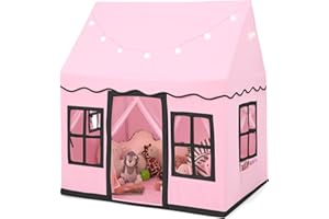 HOMASIS Tienda de Campaña Infantil de Algodón, Casa de Juegos Infantil con Luces de Estrellas y Bolsa y Alfombrilla de Transporte, para niños y niñas, 121x101x137cm (Rosa, sin Alfombrilla)