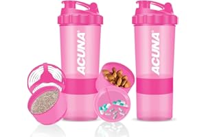 ACUNA Protein Shaker Bottle 600ml (Pack of 2), Gym & Sports Shaker Bottle With 3 Layer Storage Cups, Mixing Ball For Smoothie Shake, Leakproof Protein Powder Shaker (Pink-Pink)