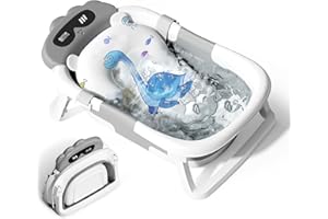 MYBOTA Baby Bath Tub Toddler Bath Tubs with Thermometer, Collapsible Bathtub Baby Essentials for Newborn Portable Travel Bath with Soft Cushion Seat Mat for Infant Grey Dinosaurs