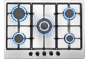 SNDOAS Plaque de Cuisson Gaz 5 Feux, Plaque Gaz avec Panneau en Acier Inoxydable, Sécurité Thermocouple, Convient pour le Gaz Naturel/Propane, 68cm, 10480 W, 220-240 V