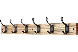 keypak 6 Matte Black Coat Hooks on Ash Effect Wooden Board - 68cm Modern Wall Mounted Coat Rack Clothes Hanger