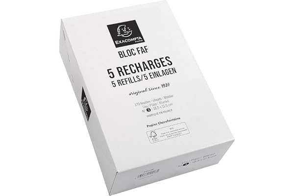 Exacompta - Réf. 12213E - Boîte de 5 recharges de bureau pour bloc FAF de 170 feuilles blanches microperforées détachables - Dimensions 18,5 x 11,5 cm - Format N° 3 - uni blanc