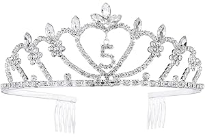LURROSE Kids Birthday Tiara Princess Crown Crystal Rhinestone Heart Girls 5th Birthday Crown with Hair Combs Girls 5 Years Old (Silver)