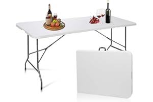 bestyks Table de Camping Pliable 180 x 74 x 74 cm avec poignée de Transport - Table de fête - Table de Jardin - Table de Buffet - Table de Camping - Aluminium Blanc - 6 Personnes